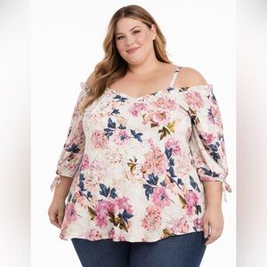 Torrid size 4 floral off-shoulder blouse tie sleeves in pink and cream print